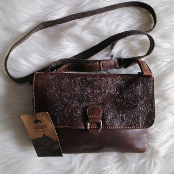 NWT Jack Georges Voyager Brown Floral Genuine Leather Wallet Purse Boho - Picture 3 of 9